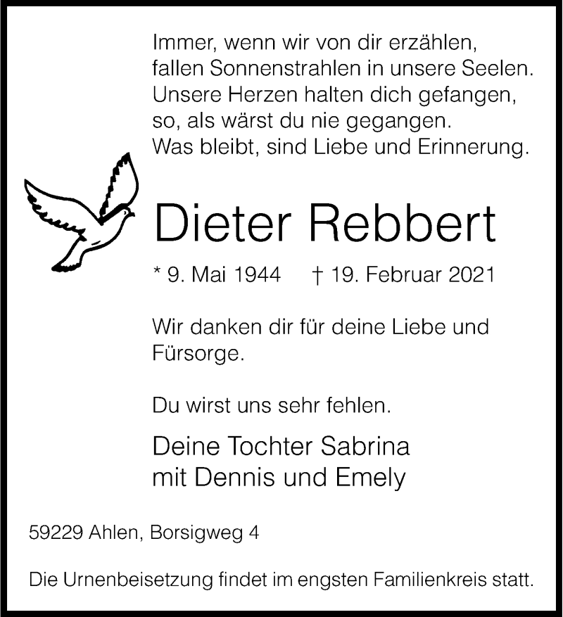  Traueranzeige für Dieter Rebbert vom 24.02.2021 aus 