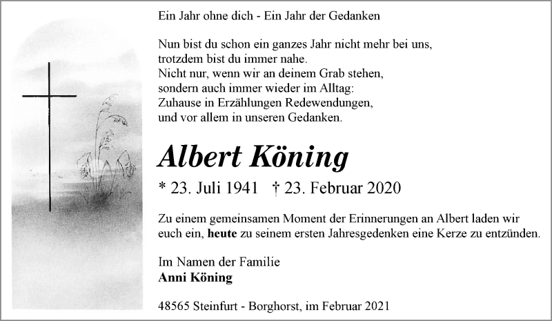  Traueranzeige für Albert Köning vom 23.02.2021 aus 