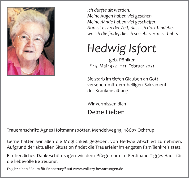  Traueranzeige für Hedwig Isfort vom 16.02.2021 aus 