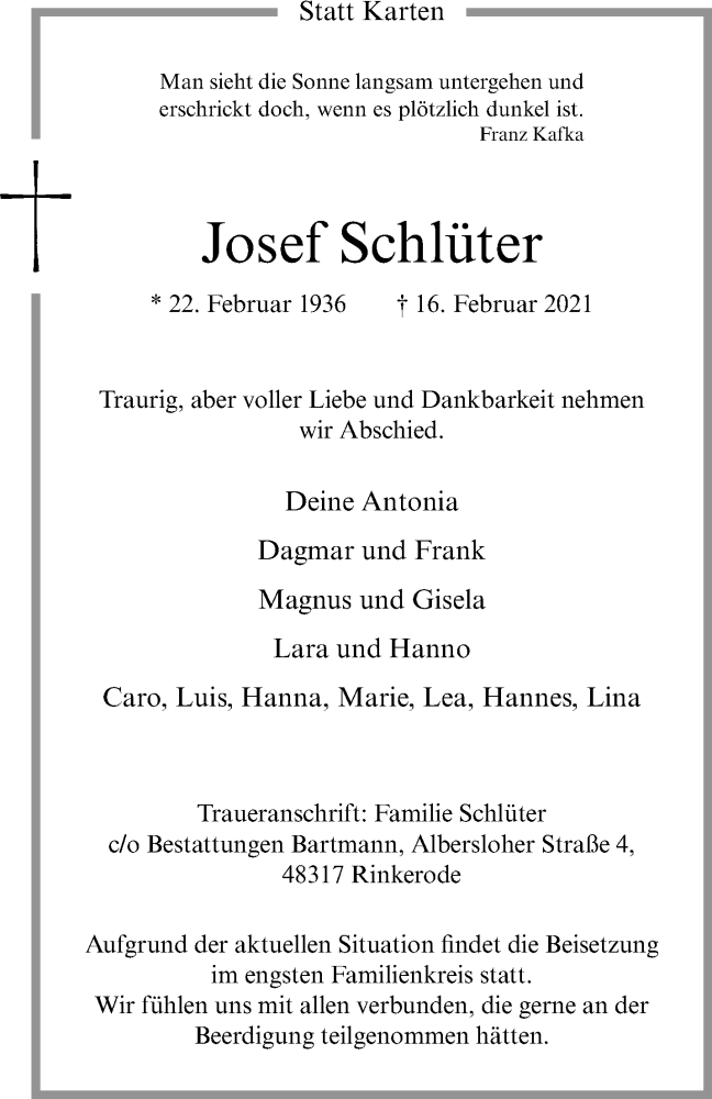  Traueranzeige für Josef Schlüter vom 27.02.2021 aus 