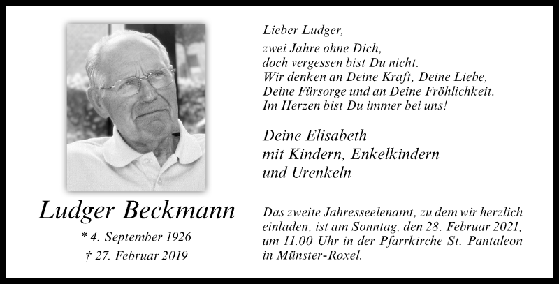  Traueranzeige für Ludger Beckmann vom 27.02.2021 aus 