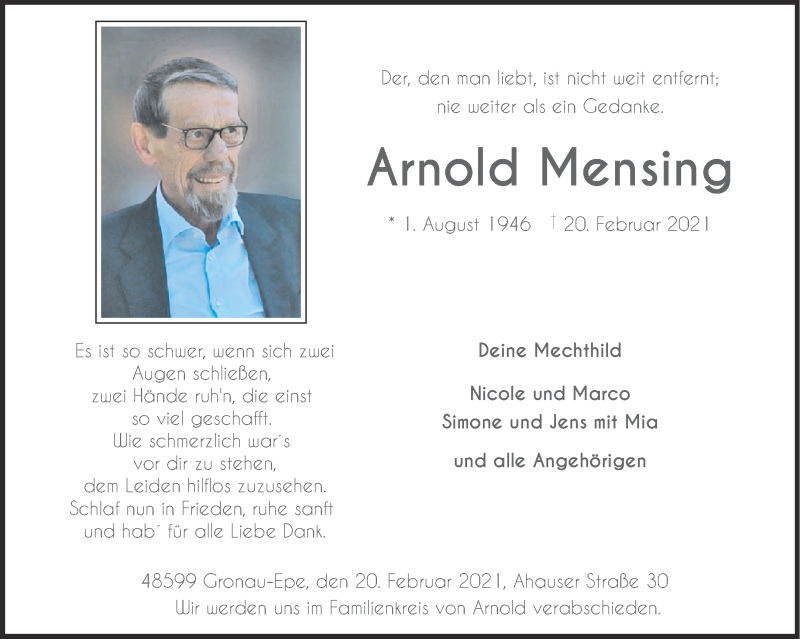  Traueranzeige für Arnold Mensing vom 24.02.2021 aus 