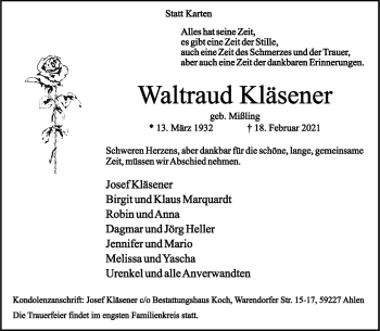 Anzeige von Waltraud Kläsener 