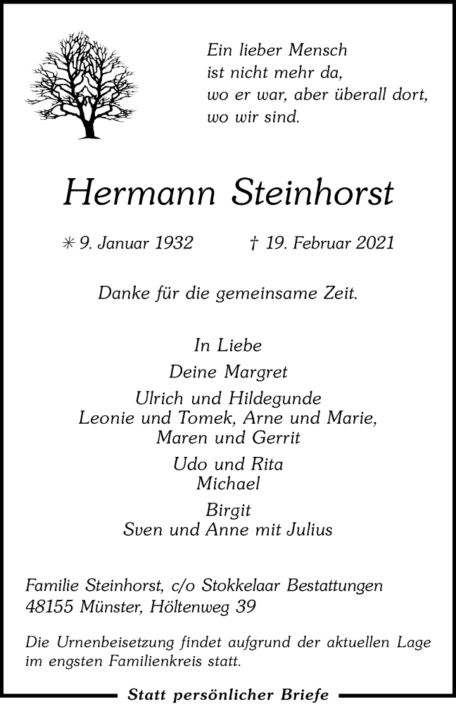  Traueranzeige für Hermann Steinhorst vom 27.02.2021 aus 