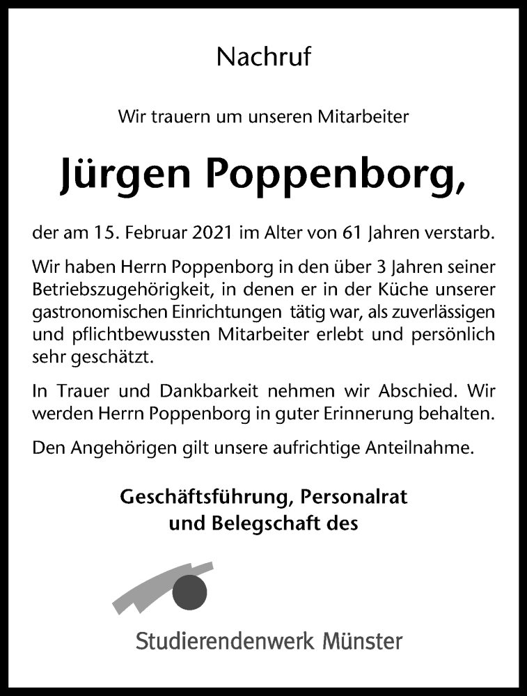  Traueranzeige für Jürgen Poppenborg vom 27.02.2021 aus 