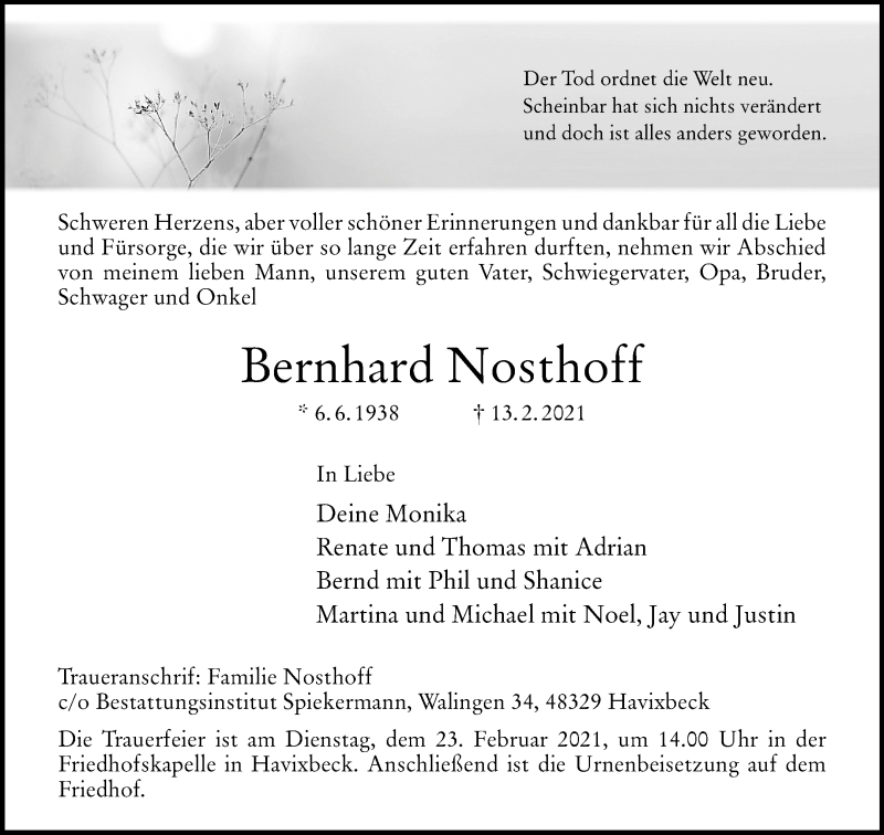  Traueranzeige für Bernhard Nosthoff vom 17.02.2021 aus 