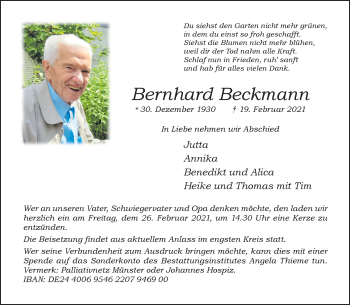 Anzeige von Bernhard Beckmann 
