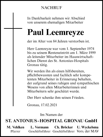 Anzeige von Paul Leemreyze 