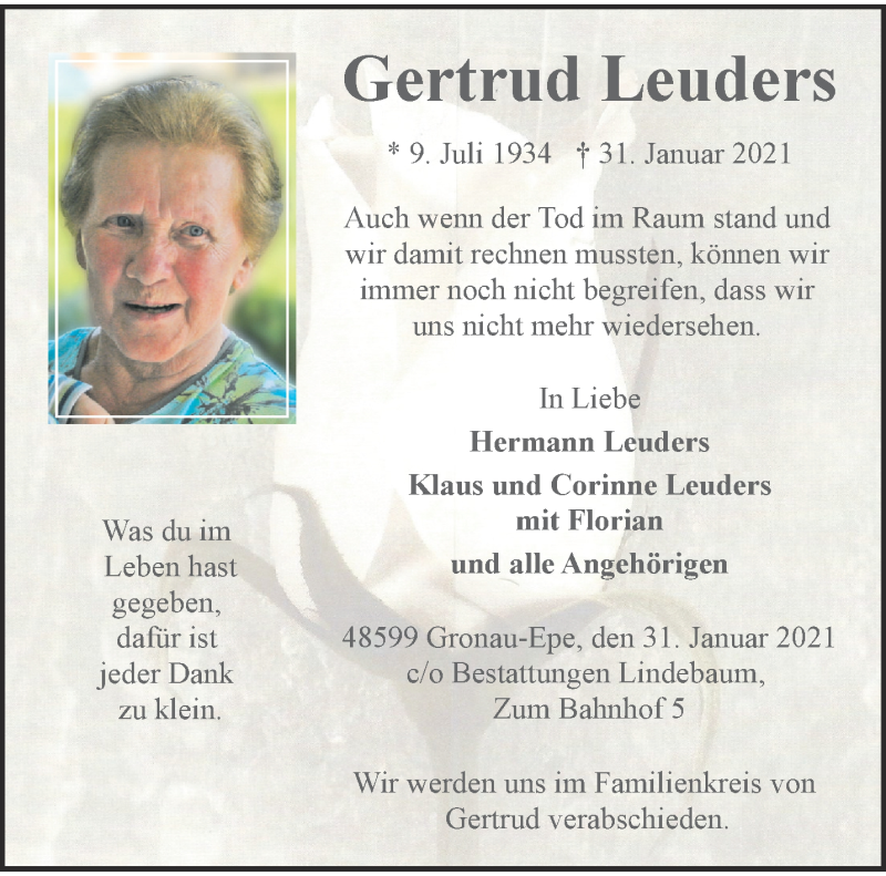 Traueranzeige für Gertrud Leuders vom 03.02.2021 aus 