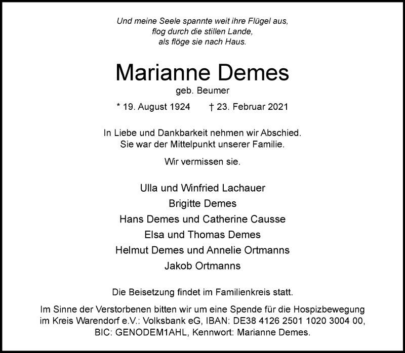 Traueranzeige für Marianne Demes vom 27.02.2021 aus 