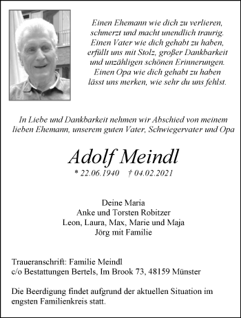 Anzeige von Adolf Meindl 