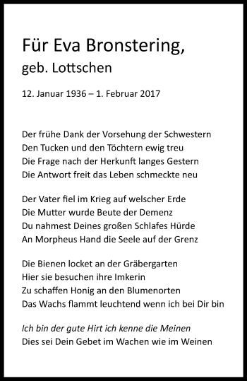 Anzeige von Eva Bronstering von Westfälische Nachrichten