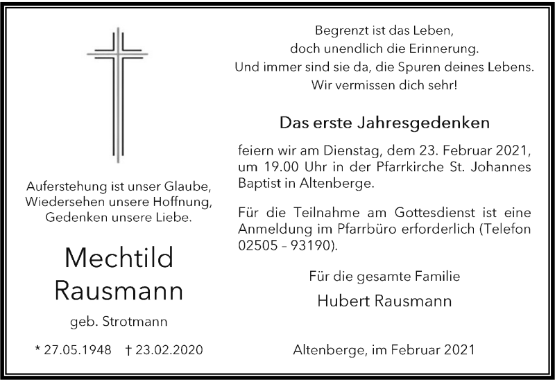  Traueranzeige für Mechthild Rausmann vom 20.02.2021 aus 