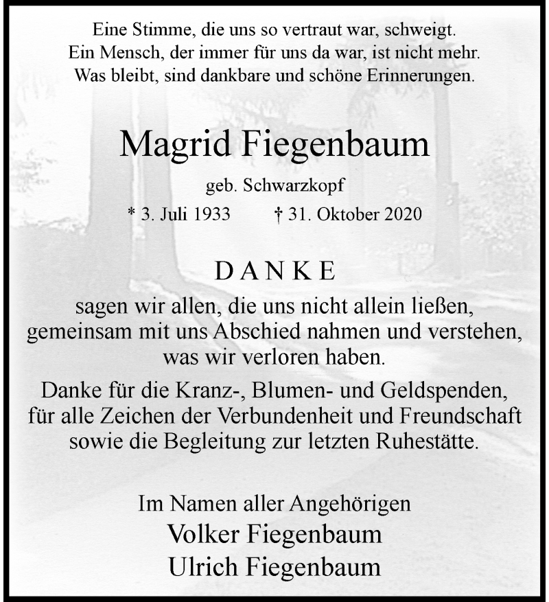  Traueranzeige für Magrid Fiegenbaum vom 06.02.2021 aus 