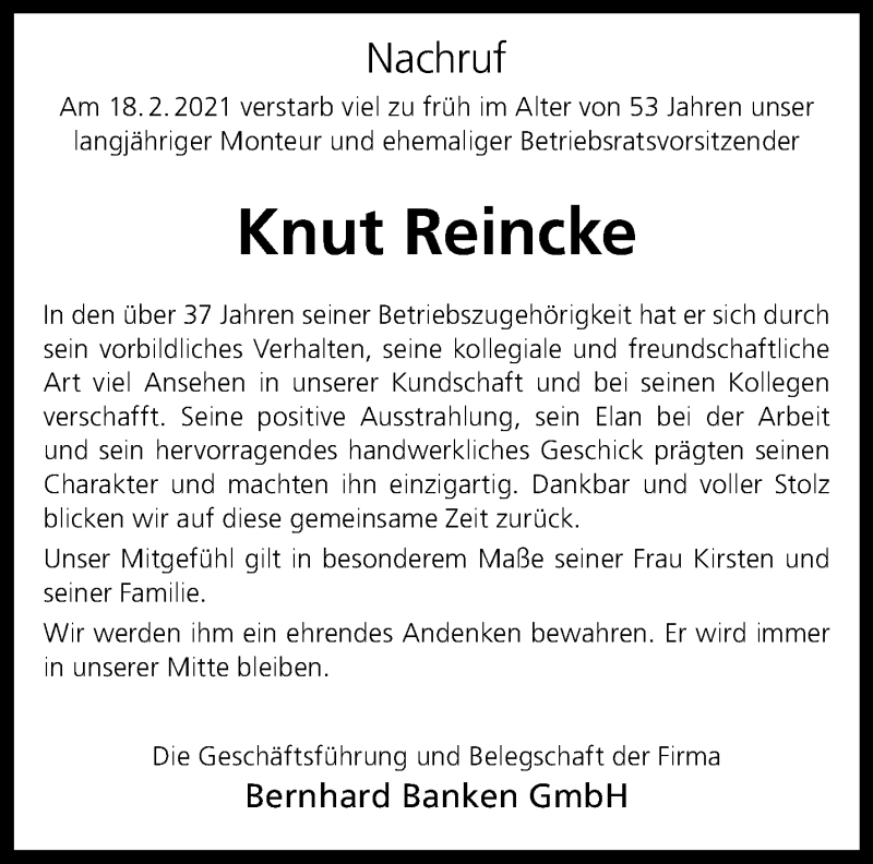  Traueranzeige für Knut Reincke vom 24.02.2021 aus 