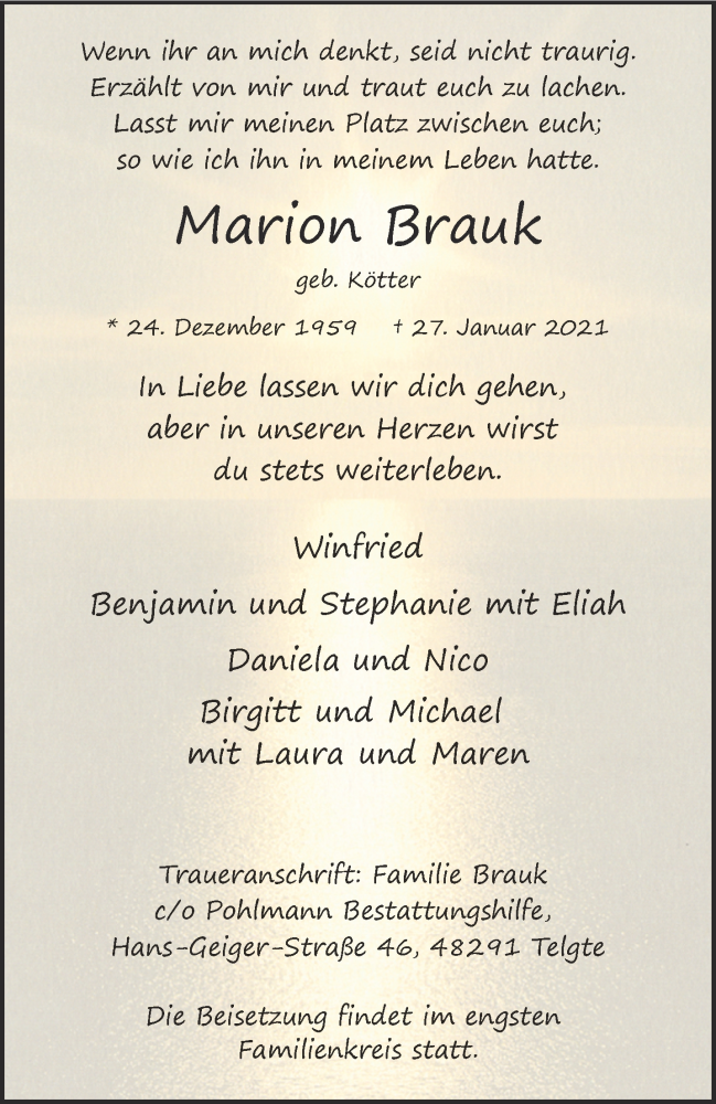  Traueranzeige für Marion Brauk vom 06.02.2021 aus 