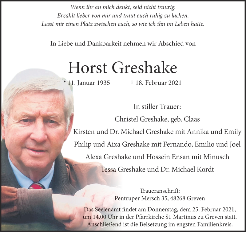 Traueranzeige für Horst Greshake vom 23.02.2021 aus 