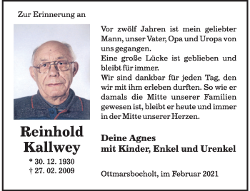Anzeige von Reinhold Kallwey 