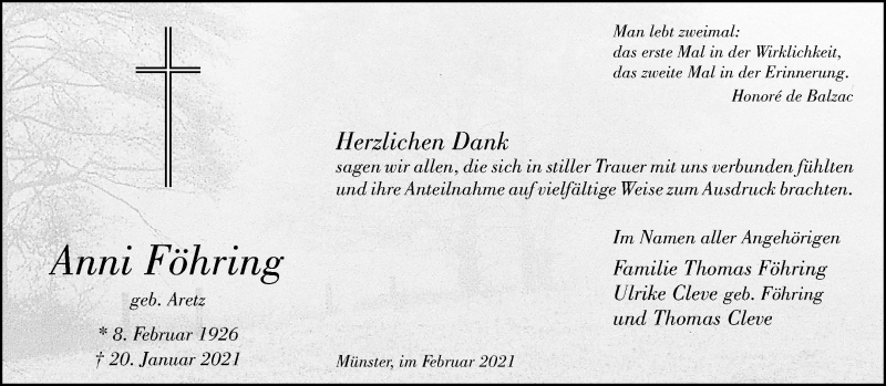  Traueranzeige für Anni Föhring vom 06.02.2021 aus 