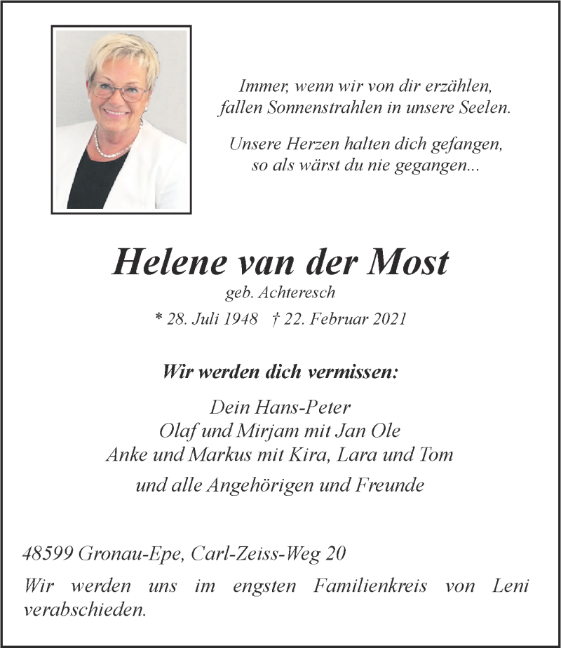  Traueranzeige für Helene van der Most vom 24.02.2021 aus 