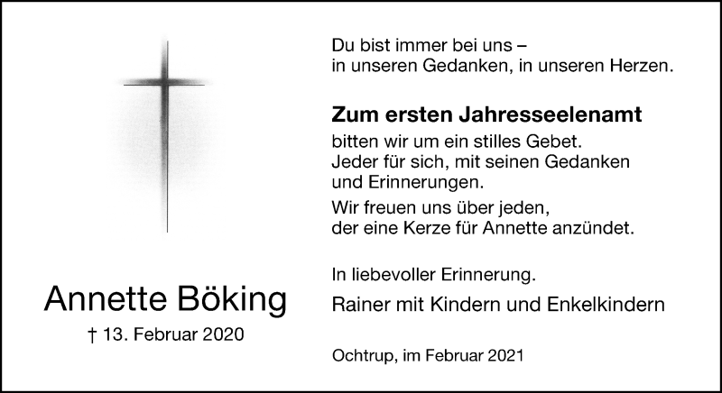  Traueranzeige für Annette Böking vom 13.02.2021 aus 