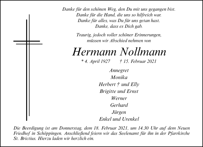  Traueranzeige für Hermann Nollmann vom 17.02.2021 aus 