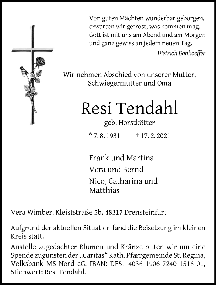  Traueranzeige für Resi Tendahl vom 27.02.2021 aus 