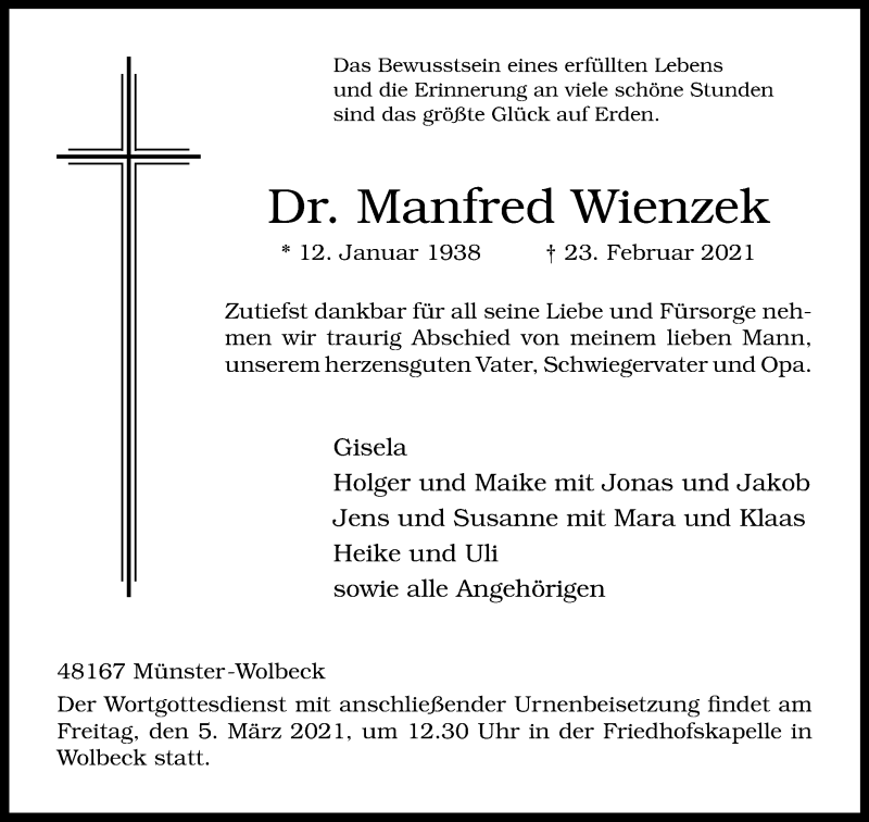  Traueranzeige für Manfred Wienzek vom 27.02.2021 aus 