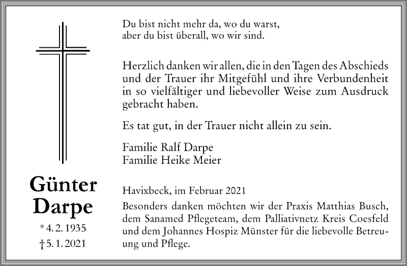  Traueranzeige für Günter Darpe vom 20.02.2021 aus 