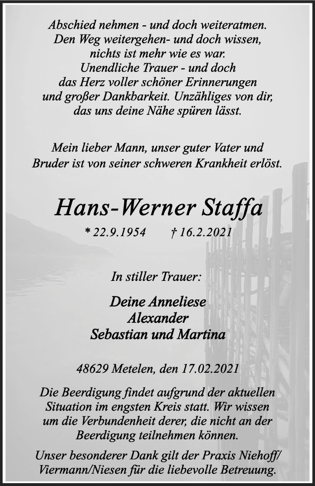  Traueranzeige für Hans-Werner Staffa vom 23.02.2021 aus 