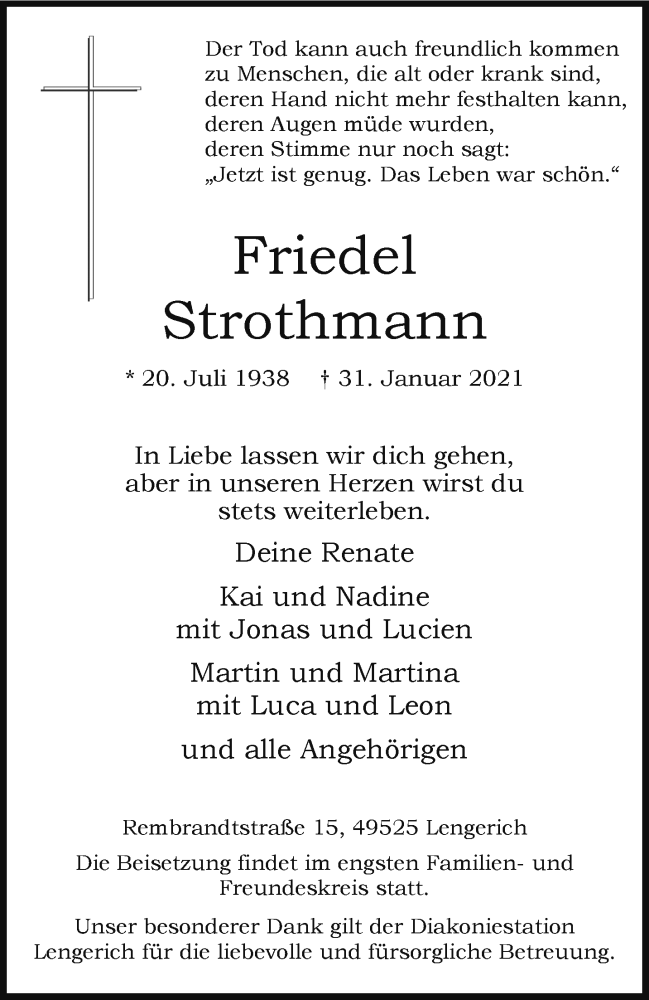  Traueranzeige für Friedel Strothmann vom 06.02.2021 aus 