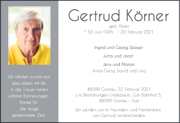 Anzeige von Gertrud Körner 
