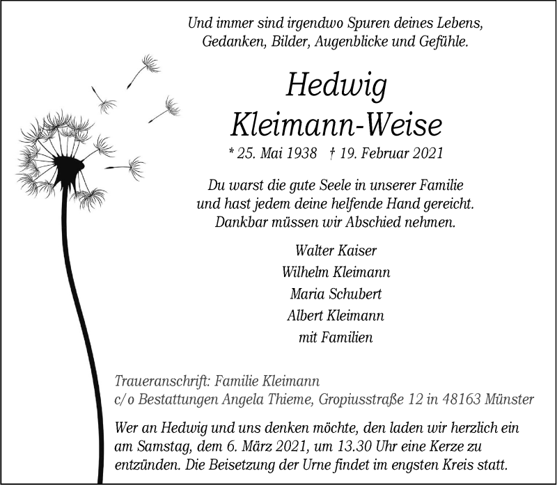  Traueranzeige für Hedwig Kleimann-Weise vom 27.02.2021 aus 