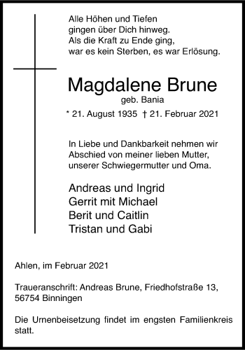 Anzeige von Magdalene Brune 
