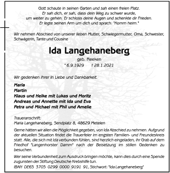 Anzeige von Ida Langehaneberg von Westfälische Nachrichten
