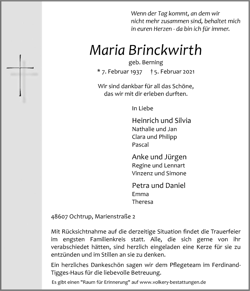  Traueranzeige für Maria Brinckwirth vom 09.02.2021 aus 