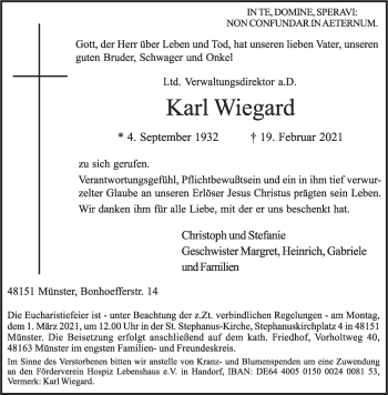 Anzeige von Karl Wiegard 