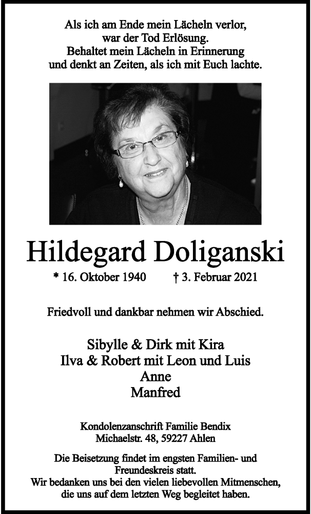  Traueranzeige für Hildegard Doliganski vom 06.02.2021 aus 