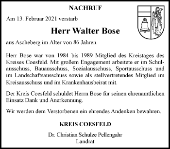 Anzeige von Walter Bose 