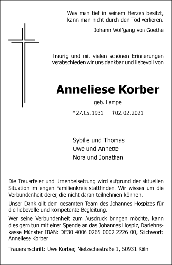 Anzeige von Anneliese Korber 
