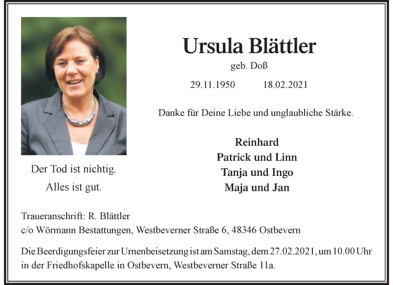  Traueranzeige für Ursula Blättler vom 20.02.2021 aus 