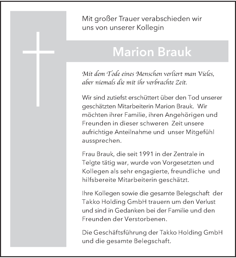  Traueranzeige für Marion Brauk vom 06.02.2021 aus 