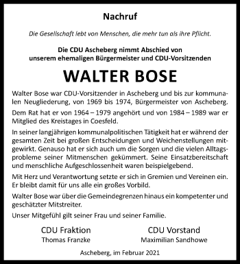 Anzeige von Walter Bose 