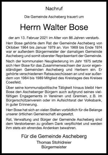Anzeige von Walter Bose 