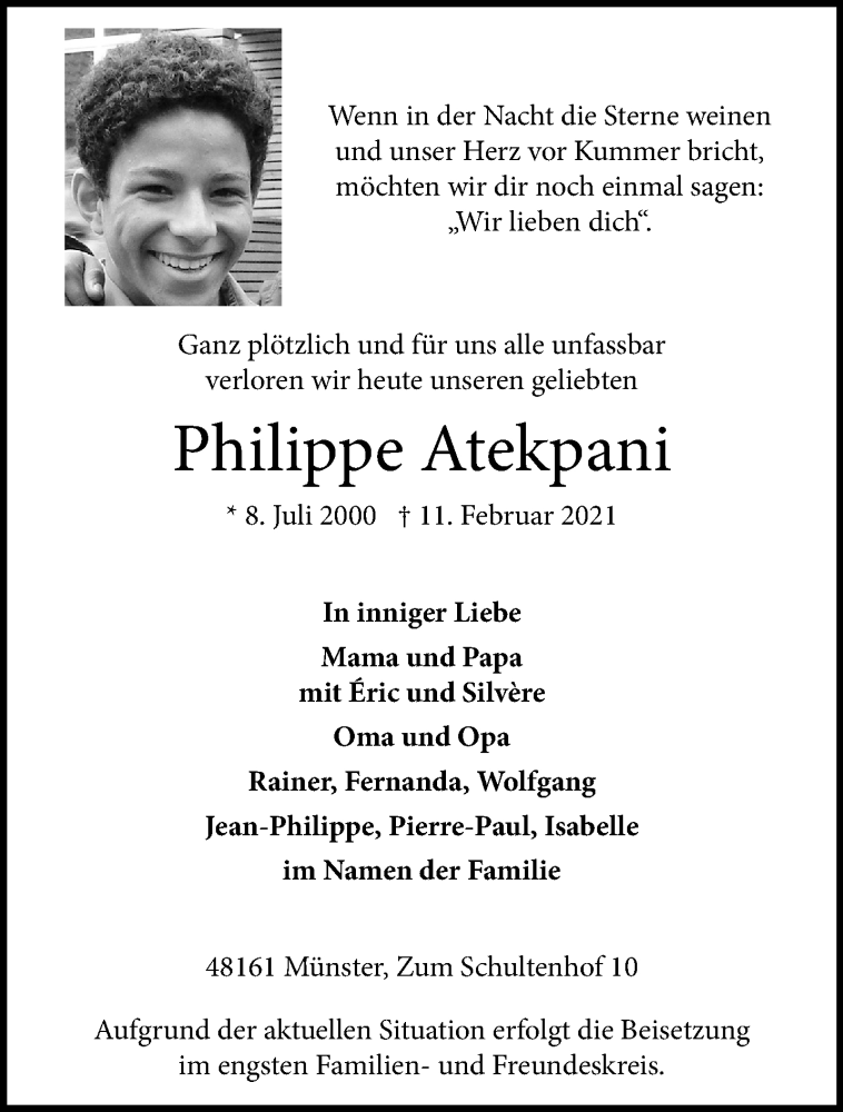  Traueranzeige für Philippe Atekpani vom 17.02.2021 aus 