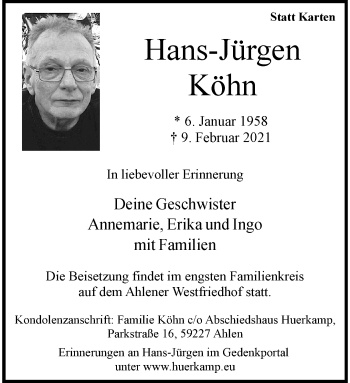 Anzeige von Hans-Jürgen Köhn 