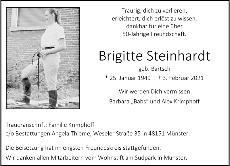  Traueranzeige für Brigitte Steinhardt vom 20.02.2021 aus 