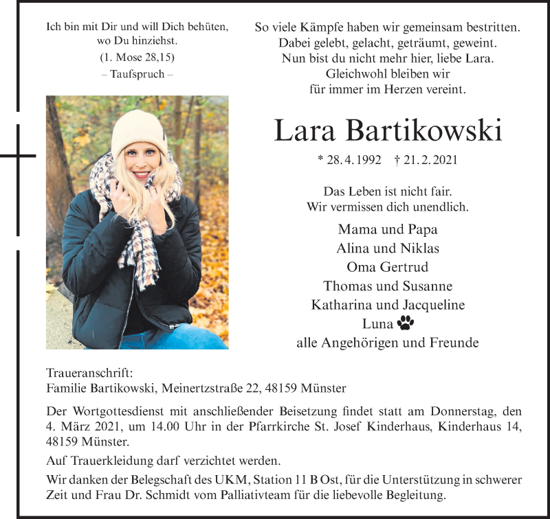  Traueranzeige für Lara Bartikowski vom 27.02.2021 aus 