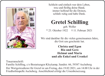 Anzeige von Gretel Schilling 