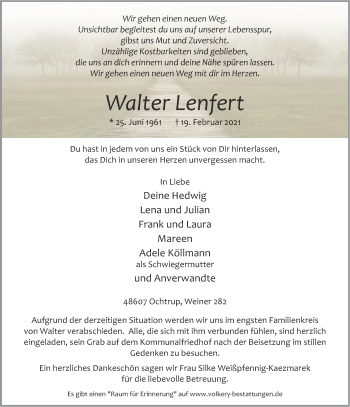Anzeige von Walter Lenfert 